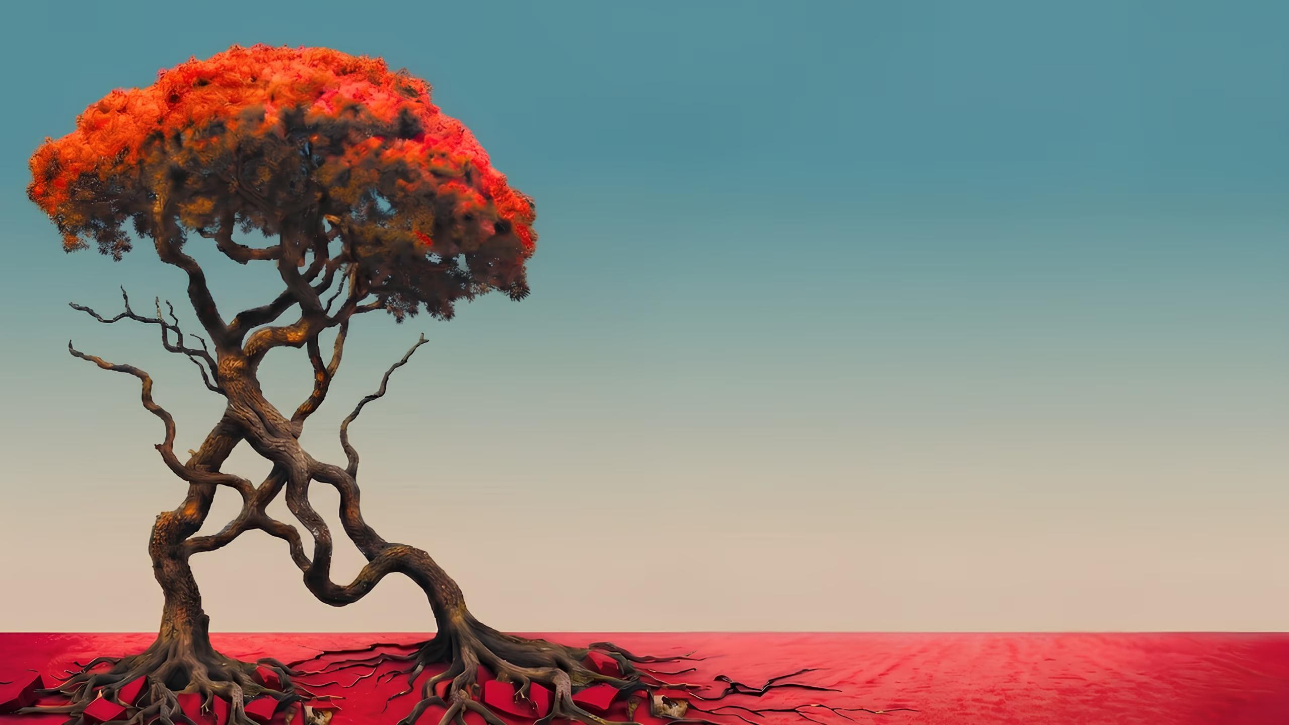 Albero scultoreo dai toni rossi su un orizzonte teatrale astratto.